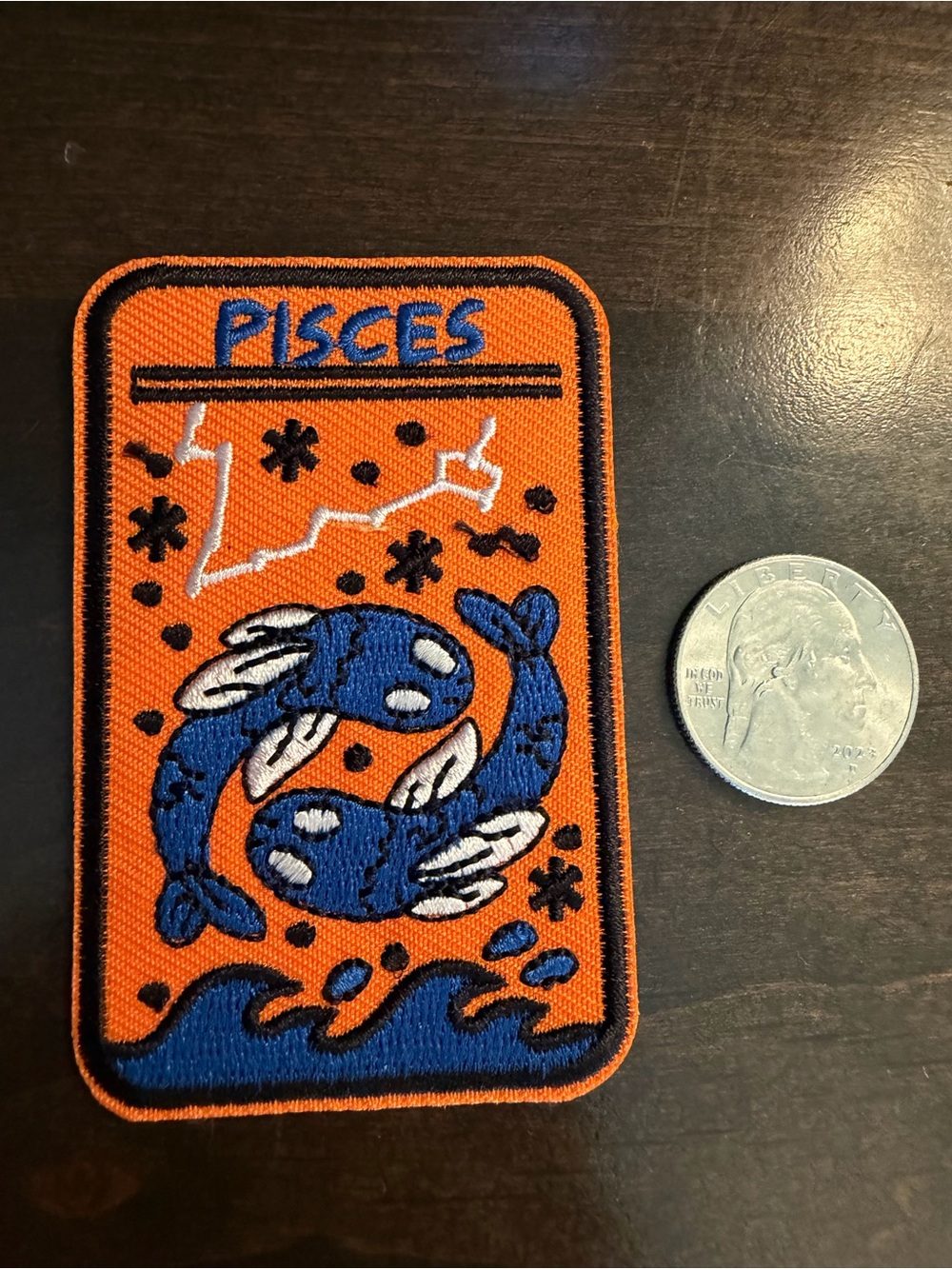 Orange Pisces Fish Embroidered Patch - Blue Fish Zodiac Design